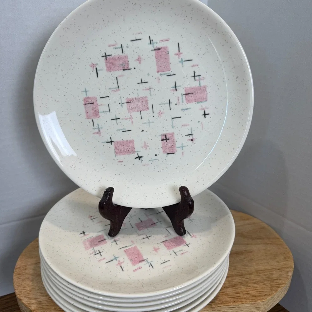 Vernonware Tickled Pink Salad Plates Set of 8 Mid Century Modern Atomic 7.5